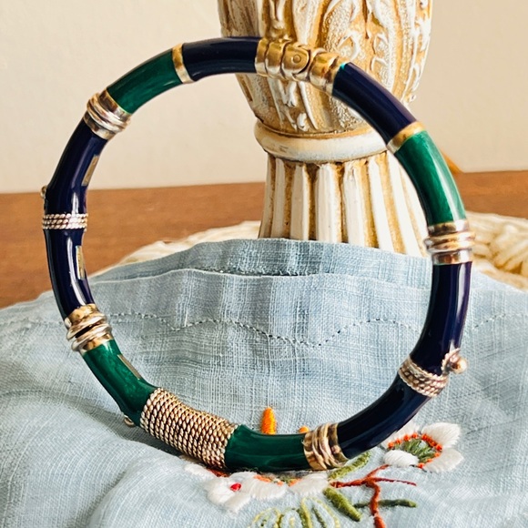 Vintage Italian 925 Silver Blue Green Enamel Bamboo Bangle 19.75g - Picture 10 of 11